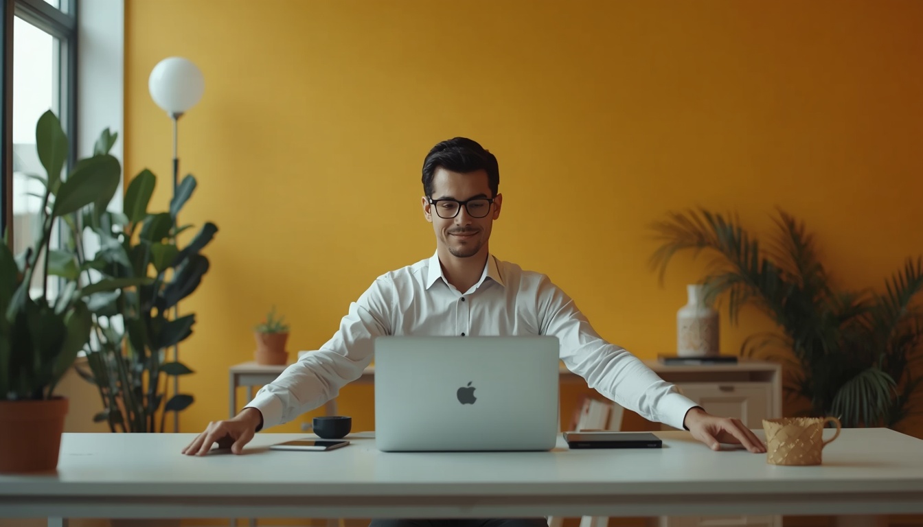 Expellingclear office worker performing desk wellness exercises